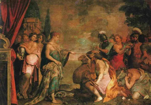 喀耳刻将尤利西斯的追随者恢复成人形的壁画,Giovanni Battista Trotti,约1610年。 喀耳刻将尤利西斯的追随者恢复成人形的壁画,Giovanni Battista Trotti,约1610年。