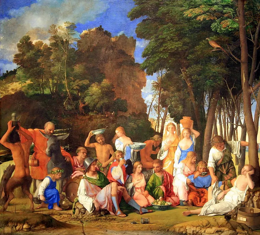 The Feast of the Gods, Giovanni Bellini 绘. 现藏于美国国家美术馆。右侧倚在驴子上的是西勒努斯;左侧是普里阿普斯和一名沉睡的宁芙。 The Feast of the Gods, Giovanni Bellini 绘. 现藏于美国国家美术馆。右侧倚在驴子上的是西勒努斯;左侧是普里阿普斯和一名沉睡的宁芙。